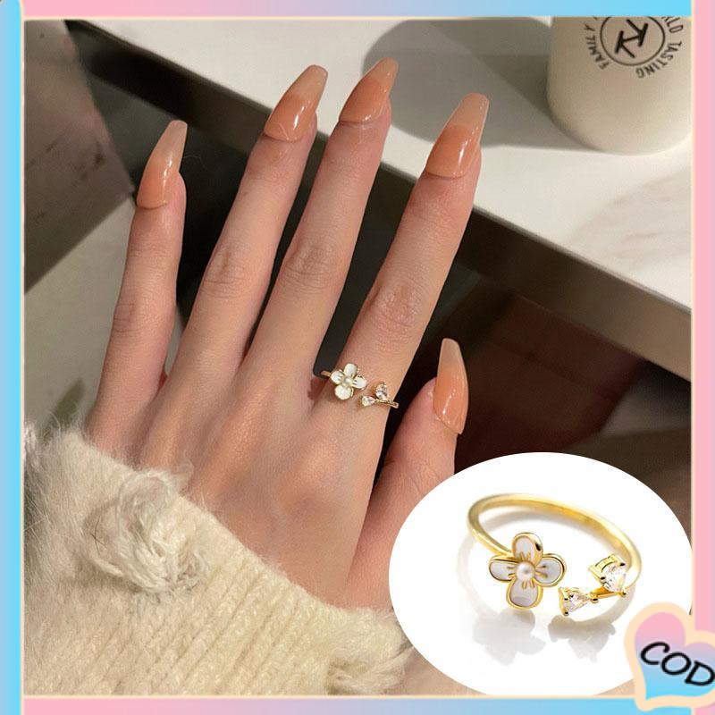 COD❤️ Cincin Bunga Sederhana Lembut Manis Kecantikan Temperamen Cincin Pembuka Glossy-A.one