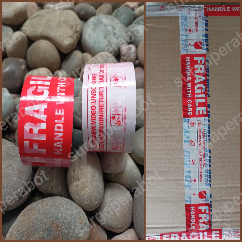 

Lakban Fragile Merah Putih Lengkap 45mm x 50Y / Solasi jangan dibanting Selotip Unboxing