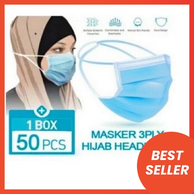 Masker Medis 3Ply Disposable Mask Hedloop Hijab (1 Box isi 50)