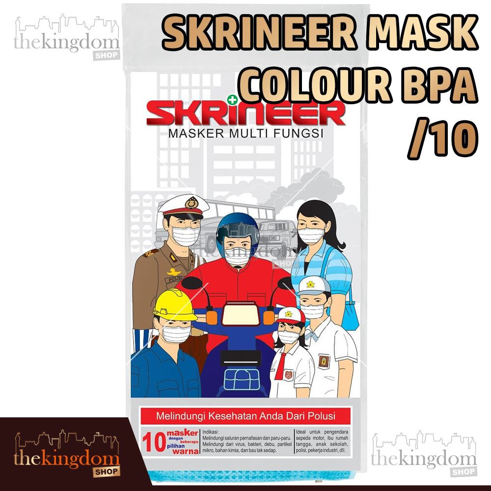 Skrineer Mask 10s 1Ply Earloop Colour BPA Biru Putih Abu Masker /10