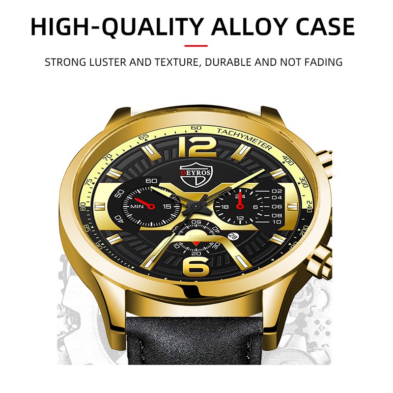 Jam Tangan Pria Business Stainless Steel Quartz Calendar Watches Anti Air Deyros Asli Pria Jam Kuarsa High Quality alloy case (FREE BOX)