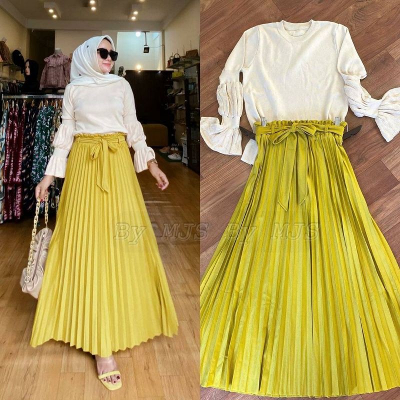 Rok Plisket NAURA bahan kaos katun plisket import Fit to M-XXL full karet