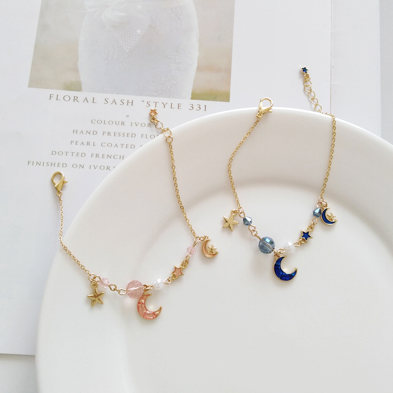 Sweet Star Moon Beads Bracelets For Women Girls Fashion Pink Blue Simple Bracelets Jewelry All Match