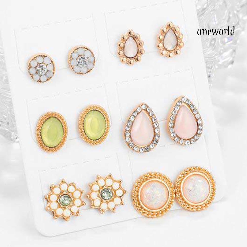 OW@ 6Pairs Fashion Women Water Drop Flower Rhinestone Faux Opal Ear Studs Earrings