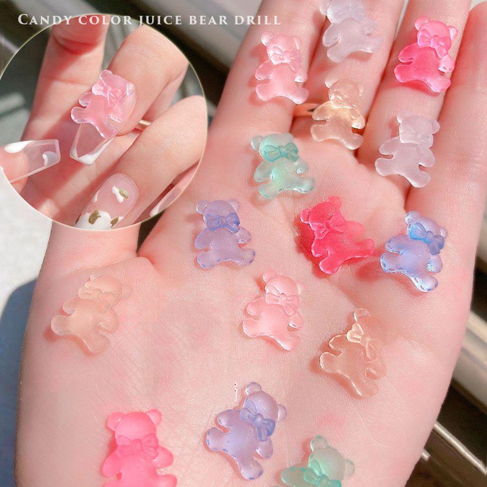 AUGUSTINA Augustina Bear Nail Art Dekorasi Lucu Resin Aurora Candy Bow Tie Bear Kristal DIY Ornamen
