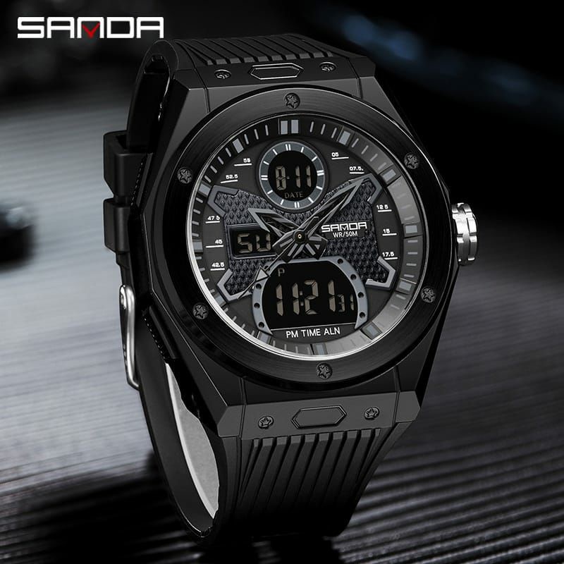 Original SANDA 3138 Jam Tangan Pria Digital Analog EL Backlight Sport Watch Anti Air