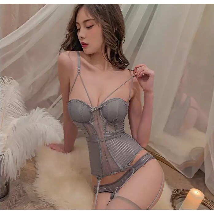 Ɛѵҽ Lingerie Seksi Set + G-String Atasan Kamisol Lingerie Seksi Wanita Korset Renda Erotis 1241