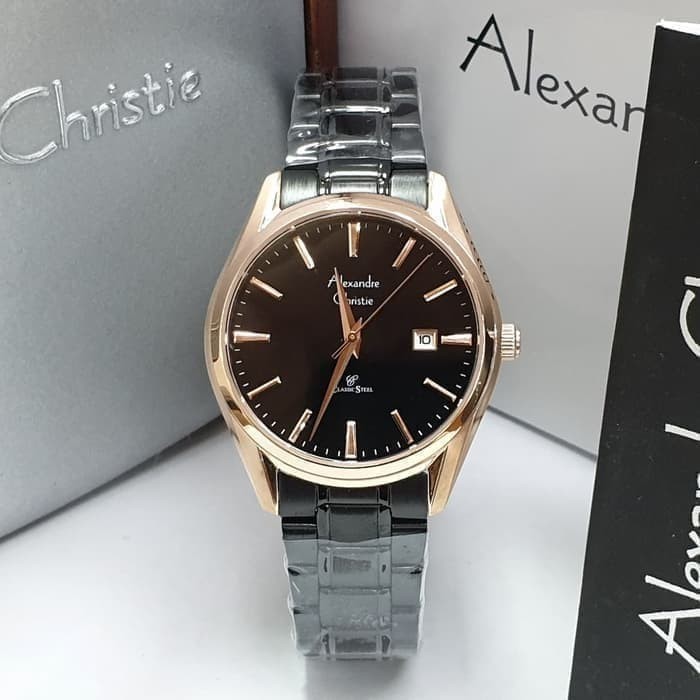 JAM TANGAN WANITA ALEXANDRE CHRISTIE AC 8554 ROSEGOLD BLACK ORIGINAL BERGARANSI