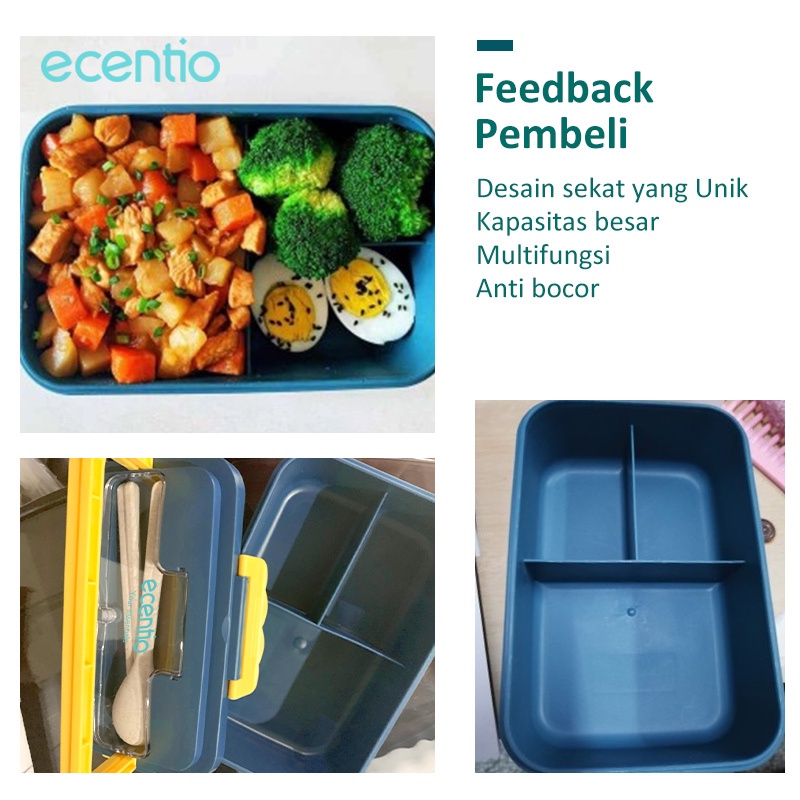 ecentio 3 Grids 1500 ml Lunch Box With Free Sendok dan Sumpit BPA Free Kotak makan portabel