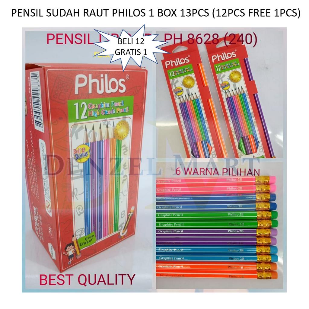 

Pensil Kayu Grafit 2B Philos metallic sudah diraut dan ada penghapus isi 13pcs