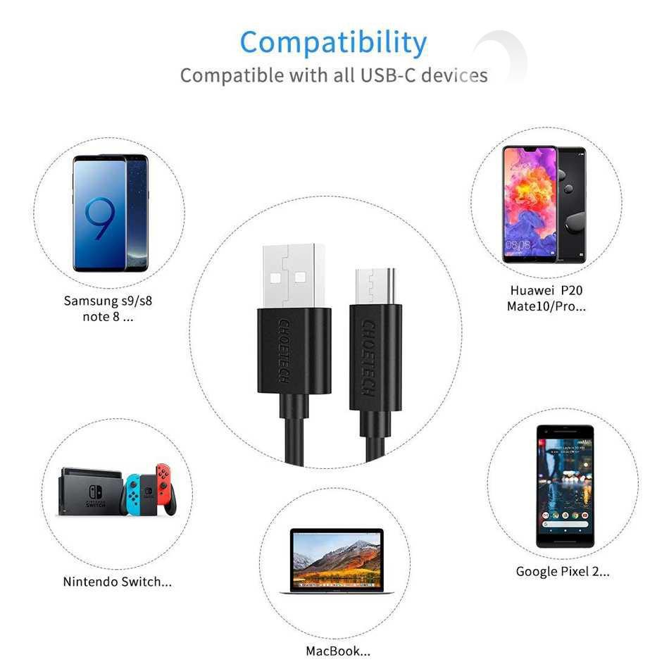 Mall Bisa COD CHOETECH Kabel Charger USB Type C Hi Speed 3A 1 Meter - AC0002 - Black Berkualita