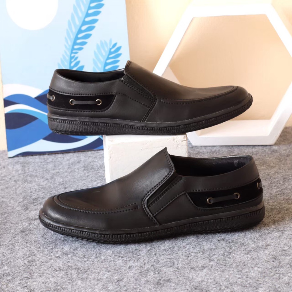 Sepatu Pantofel Hitam Pria Slip On Pendek Kulit Asli Casual Formal Kuliah Kerja Kantor Keren Sepatu Loafer Boi Pansus Pria