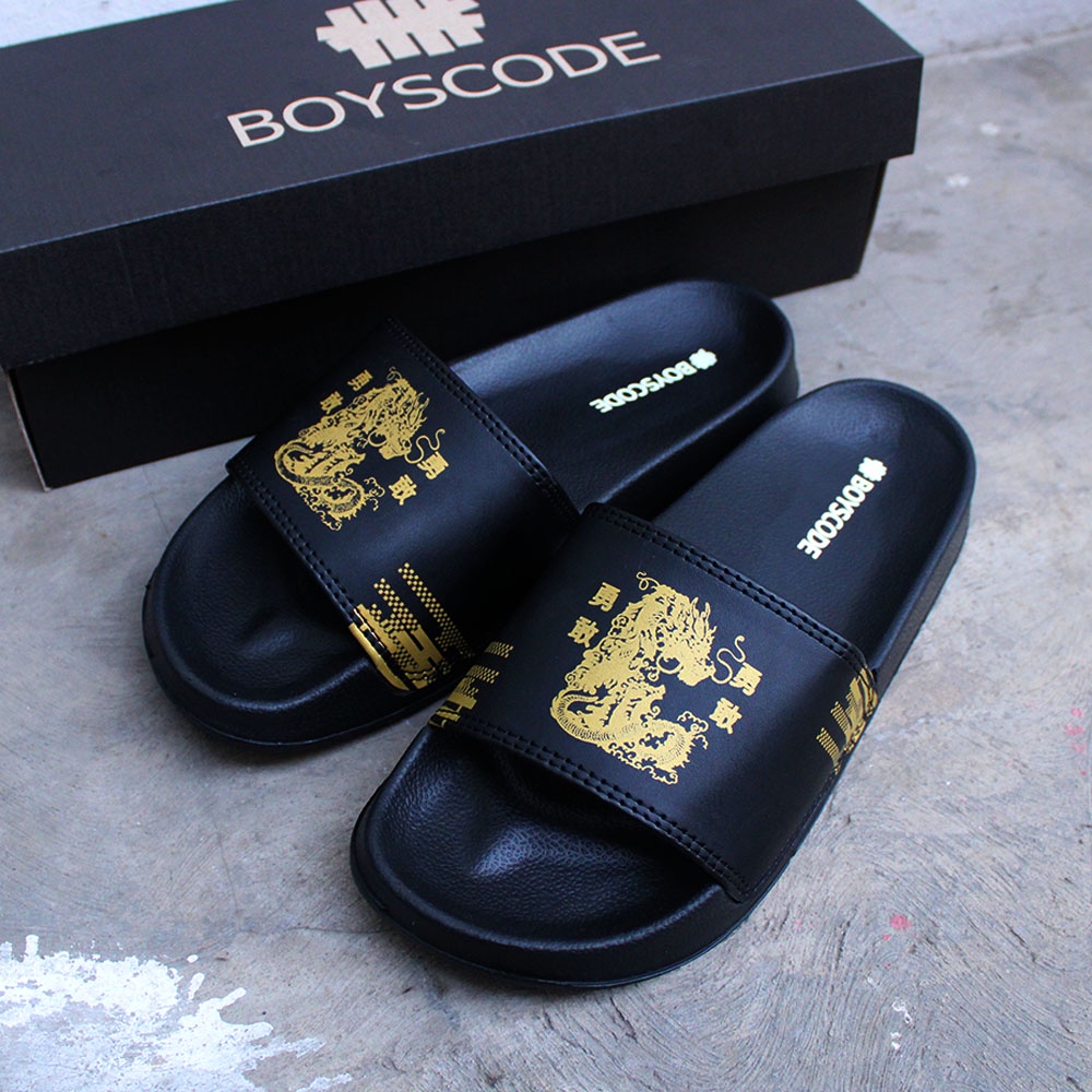 Sandal Slip On Pria Distro Terbaru Boyscode Dragon Sea Naga Laut Hitam Gold / Sandal Slop / Sandal Slide Pria