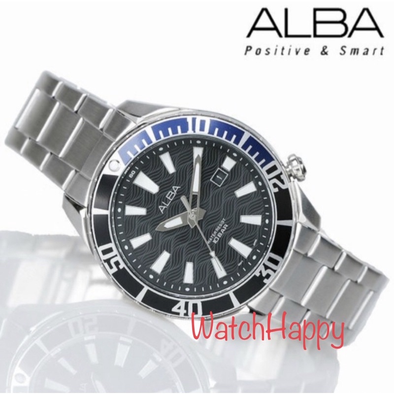 JAM TANGAN PRIA ANALOG ALBA AG8K33X1 / AG8K33 QUARTZ MOVEMENT BLACK DIAL BEZEL FIXED BLUE BLACK STAI