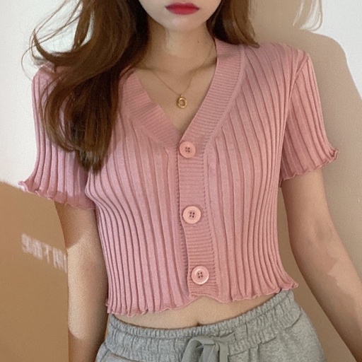 Korean Knit V-Neck Button Crop Top Atasan Wanita Rajut Kancing  2604