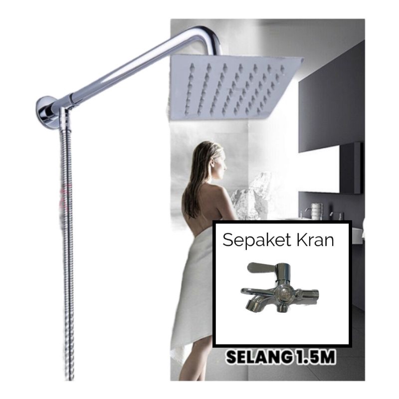 Shower Kamar Mandi Rainfall 8 inch Stainless Satu Set  / Shower mandi Tanpa Bobok Gratis Kran Cabang