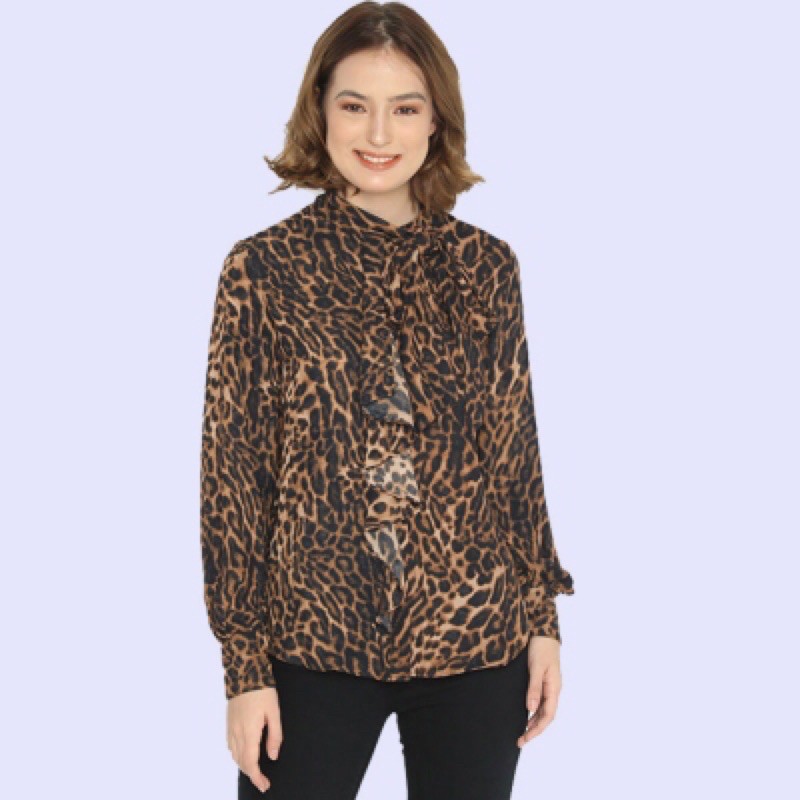 Tieneck Leopard - Blouse Wanita Lengan Panjang Branded