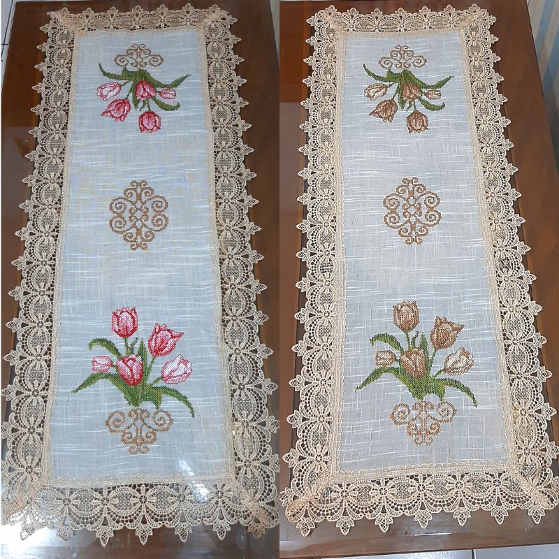 Taplak Meja Tamu Sulam Strimin Kruistik Panjang 40x100 cm Table Runner Shabby Chic Motif Bunga Premium Mewah TERMURAH