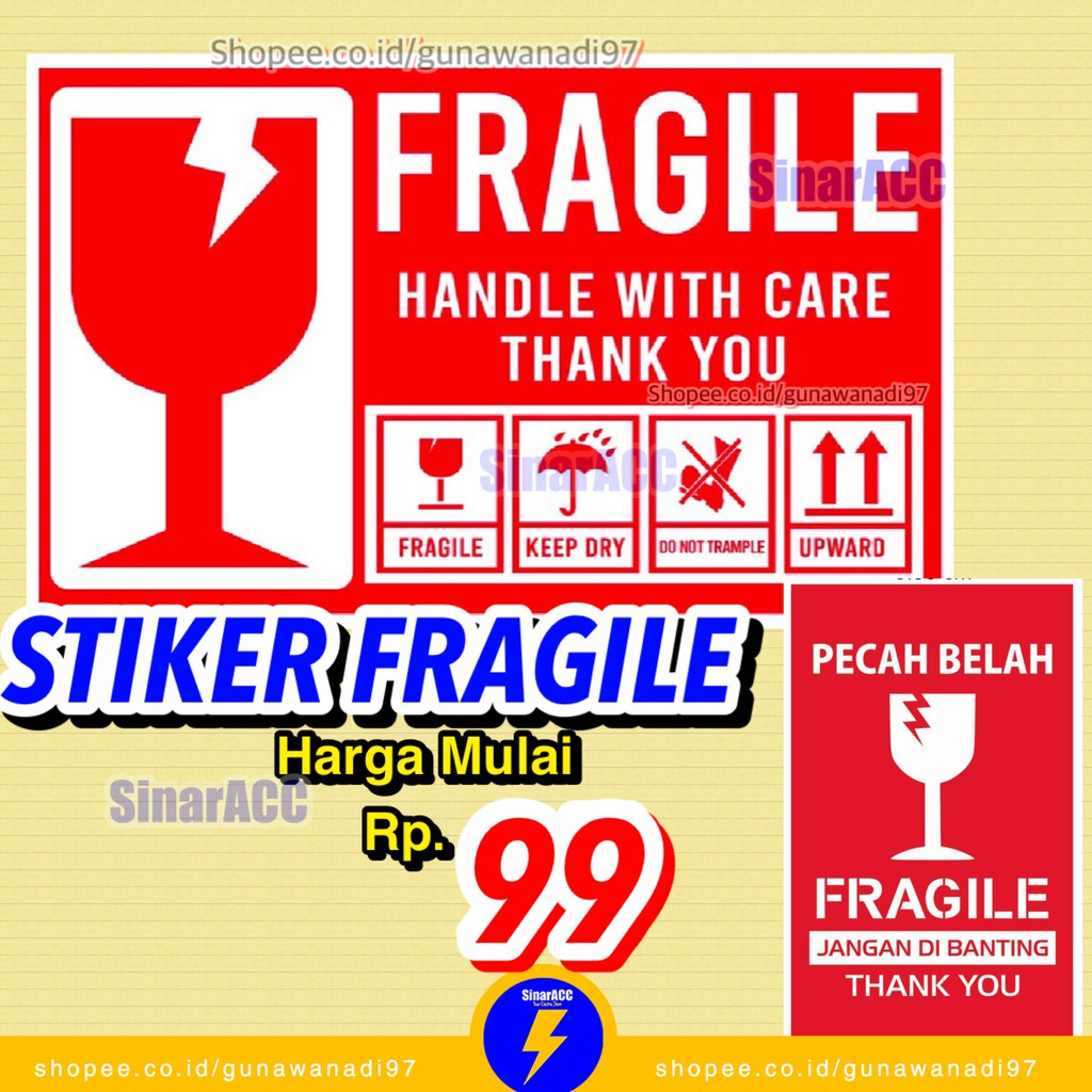 Sticker Fragile 8X6cm stiker fragil pecah belah kirim paket packing waterproof jangan dibanting