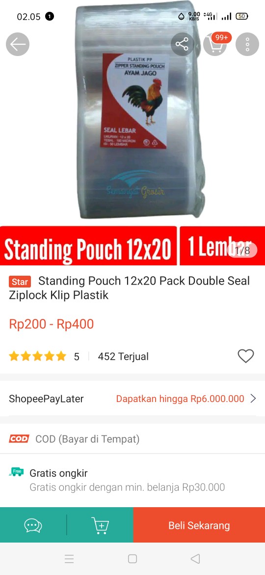 Standing Pouch 12x20 Double Seal Ziplock Per Pack