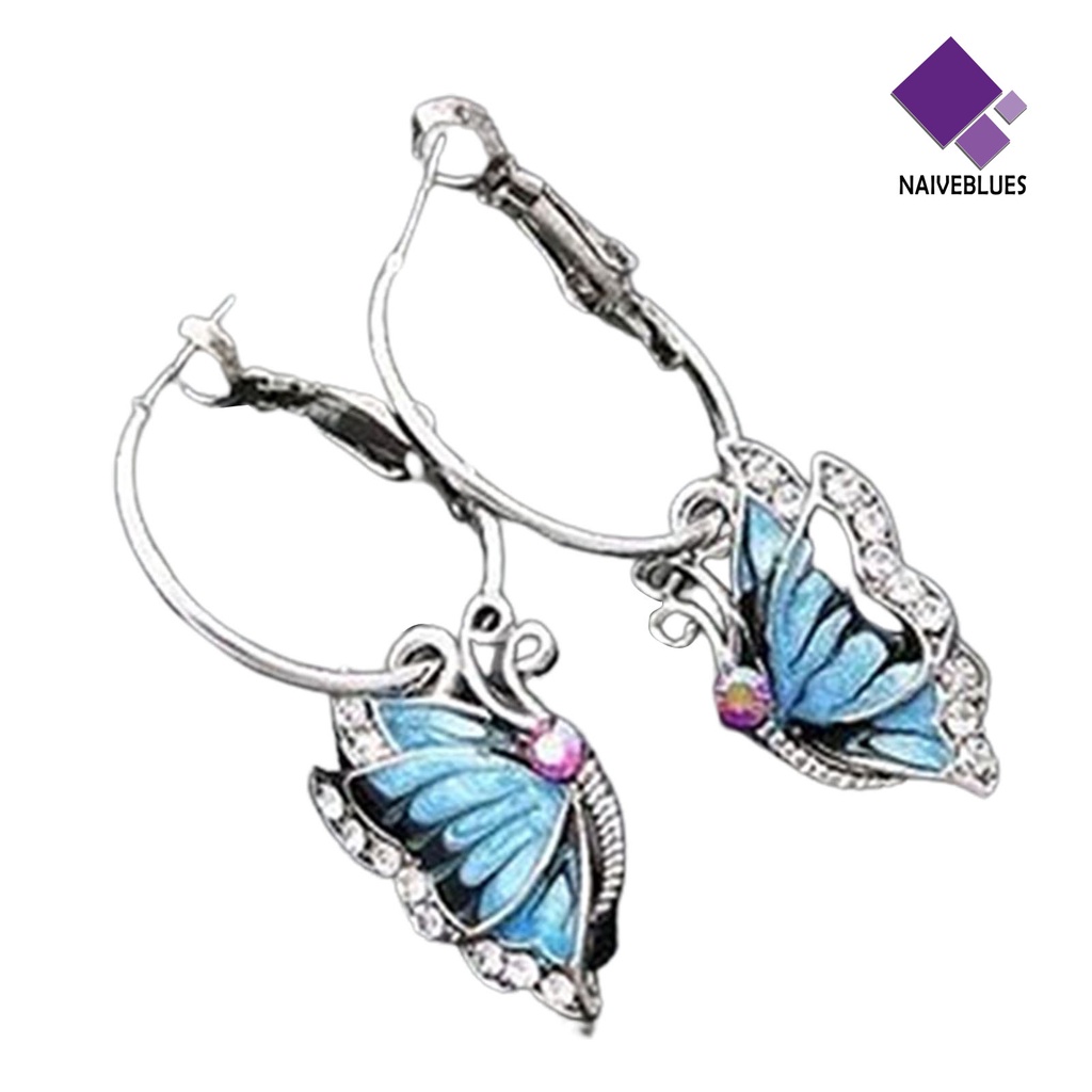 1 Pasang Anting Hoop Menjuntai Aksen Kristal Berlian Imitasi Warna Biru Untuk Wanita