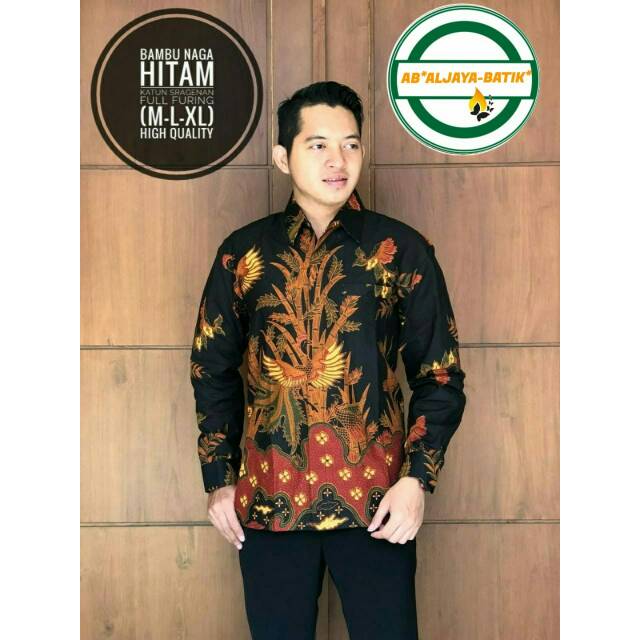 Batik Pria BAMBU NAGA HITAM Asli Katun Sragenan Full Furing Murah