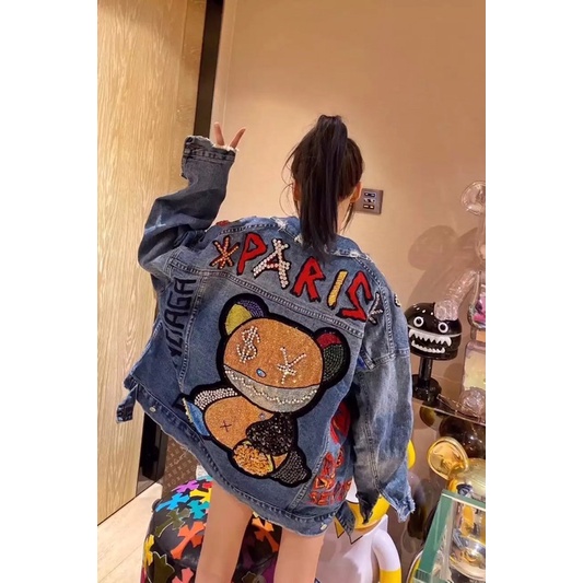 JAKET JEANS IMPORT WANITA KOREA BTS BRTISH INGGRIS PARIS 3D KARAKTER BERUANG ORIGINAL