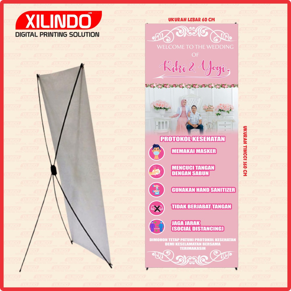 PAKET STAND BANNER XBANNER ACARA PERNIKAHAN PROTOKOL KESEHATAN MOTIF PINK SATU