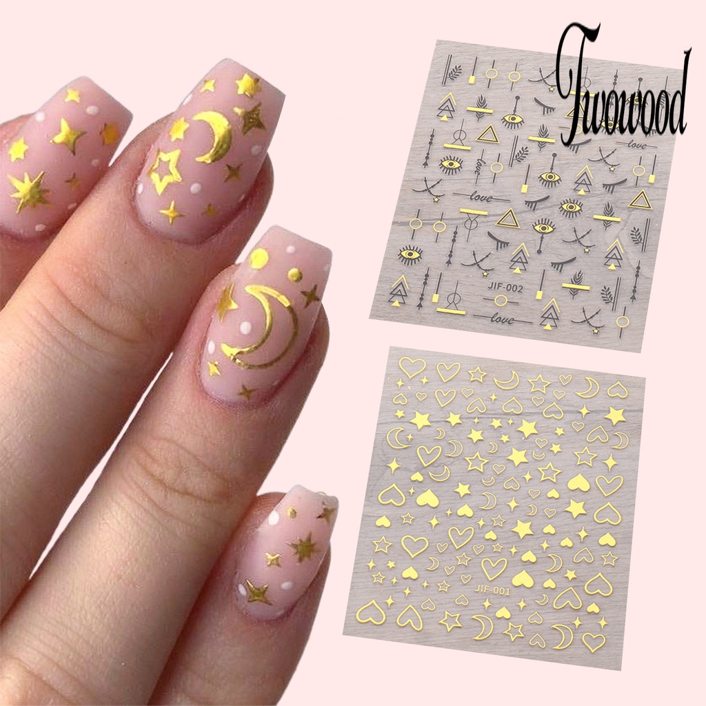 Twowood Stiker Kuku Motif Hati / Bintang / Bulan Untuk Dekorasi Nail Art / Manicure