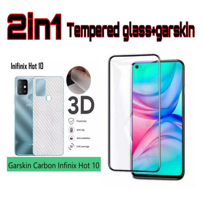 PROMO Paket 2in1 INFINIX HOT 10 Tempered Glass Full Layar+Garskin Carbon 3D