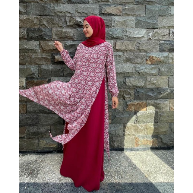 Gamis Malaysia Motif Mix Dress Ceruty Kombinasi Polos Baju Kurung Melayu Model Runcing Longdress Bel