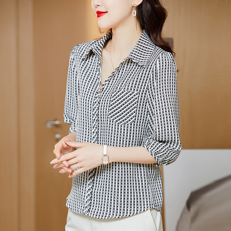 COD 2022 New Fashion Korean Style Red Black Stripes Women Blouse Summer 3/4 Sleeve Length Shirts Tops 2023t Kemeja Korean Style Wanita Kemeja Kerja Wanita