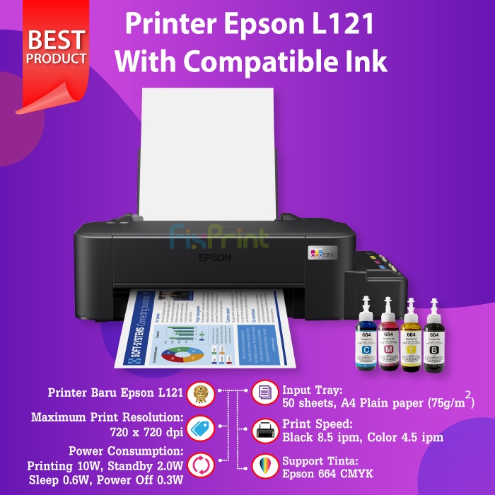 Printer Epson EcoTank L121 A4 New Original Ink Tank Tinta 664 Pengganti L120 Infus Pabrik