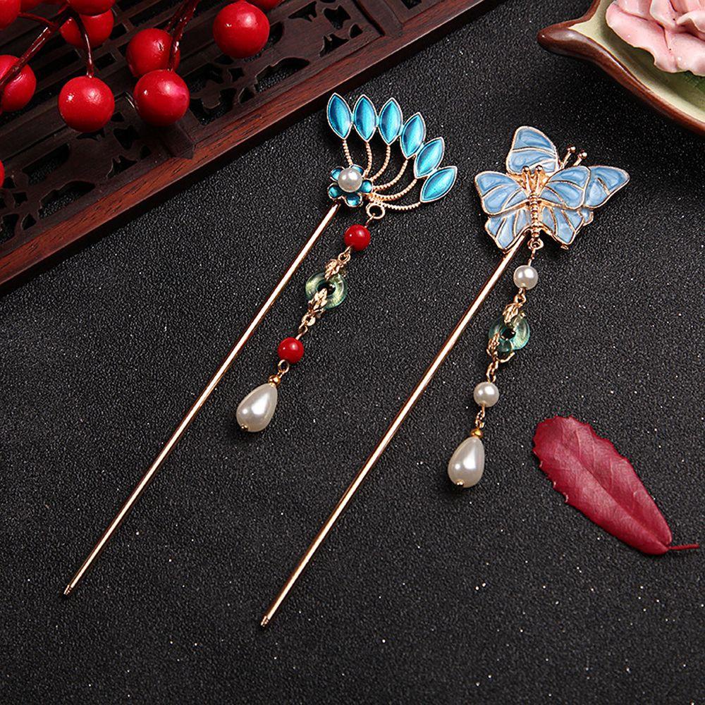 Needway   Hanfu Rambut Stik Antik Kupu Vintage Jumbai Rambut Sumpit Hiasan Kepala Magic Hairpin Hairstyle Alat Desain Mutiara Manik Hair Pin Sticks