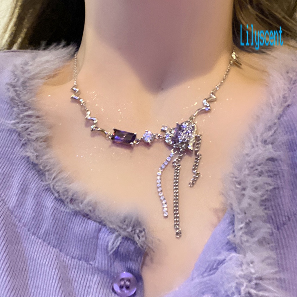 Lily Kalung Rantai Alloy Adjustable Hias Zirkon Ungu Untuk Wanita