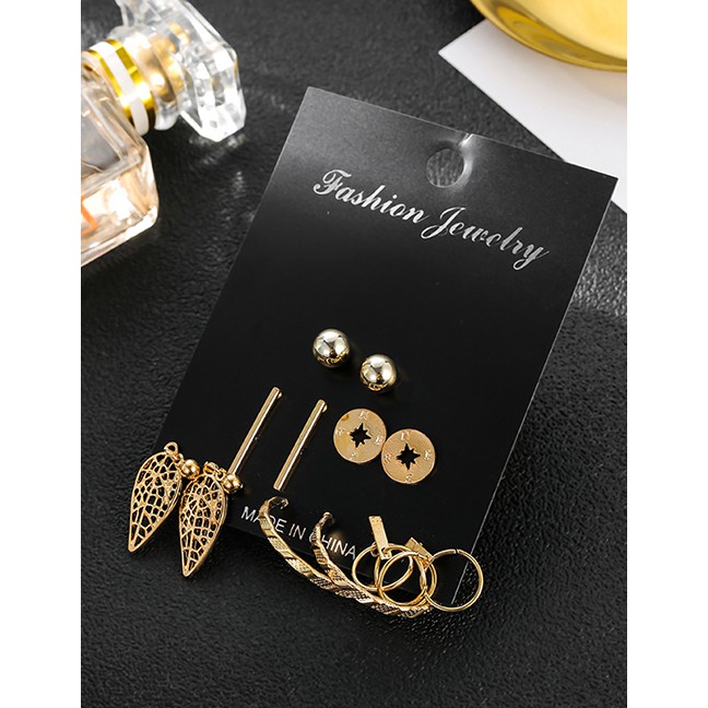 LRC Anting Set Fashion Gold Pearl Leaf Geometric Earring Set F88402