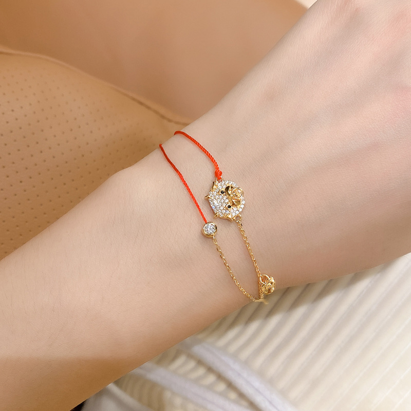 [Ready Stock]Fashion Personality Diamond Stud Calf Red Rope Bracelet