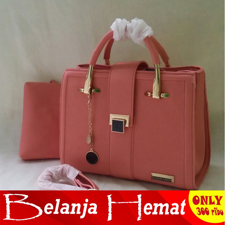 Tas Handbag Wanita Pesta Kerja 877 Charles and Keith peach Branded Import Kekinian Kece Keren