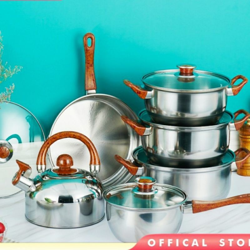 Panci Set 12 Pcs Cookware Gagang Kayu