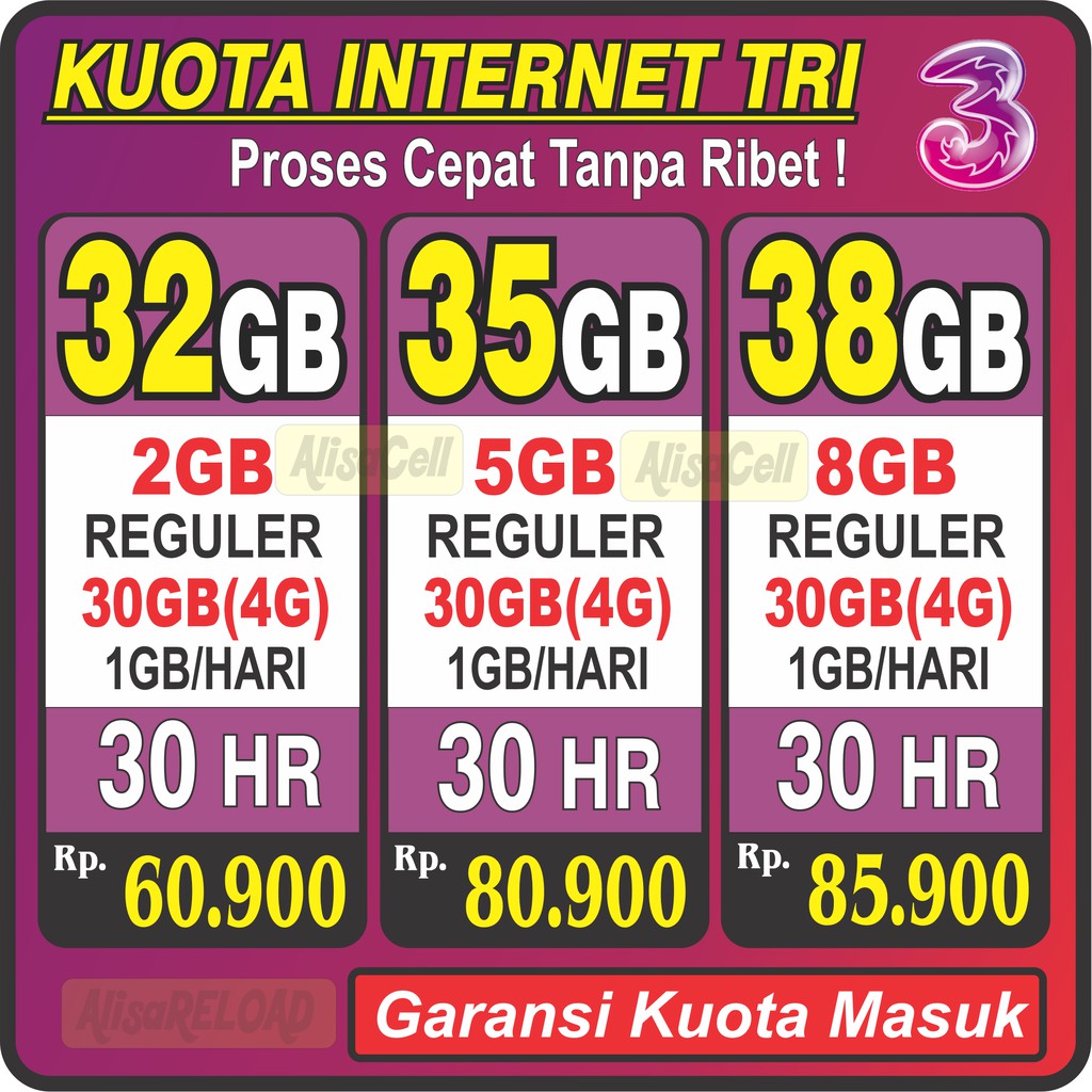 AlisaReload -  KUOTA TRI DATA INTERNET 32GB 35GB 38GB 24 JAM BERLAKU NASIONAL