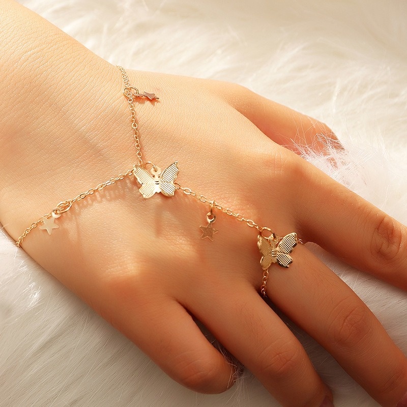 INS Style Gold Butterfly Star Pendant Bracelet/ Golden Butterfly Pendant Hand Chain Finger Ring Set/ Trendy Charm Chain Bracelet Gifts Jewellery