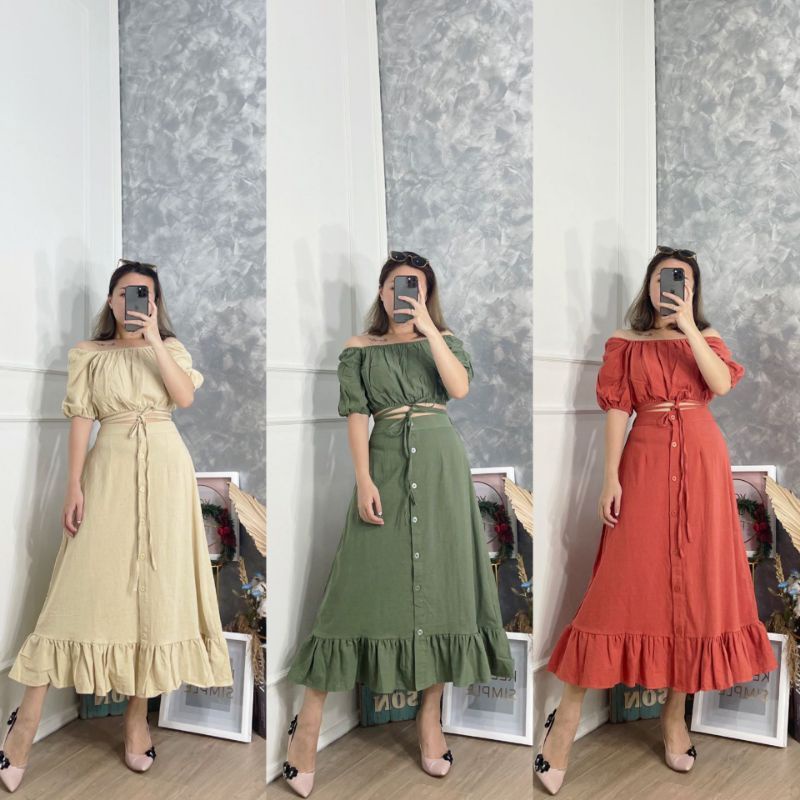 DRESS 2 PIECE ATASAN BAWAHAN 2 IN 1 SET KERUT RUFFLE ADA KARET BISA MELAR ALL SIZE FIT S TO XL LD 88-112 NGARET BAWAHAN ROK BUTTON APLIKASI KANCING BAHAN KATUN LINEN TEBAL TIDAK MENERAWANG