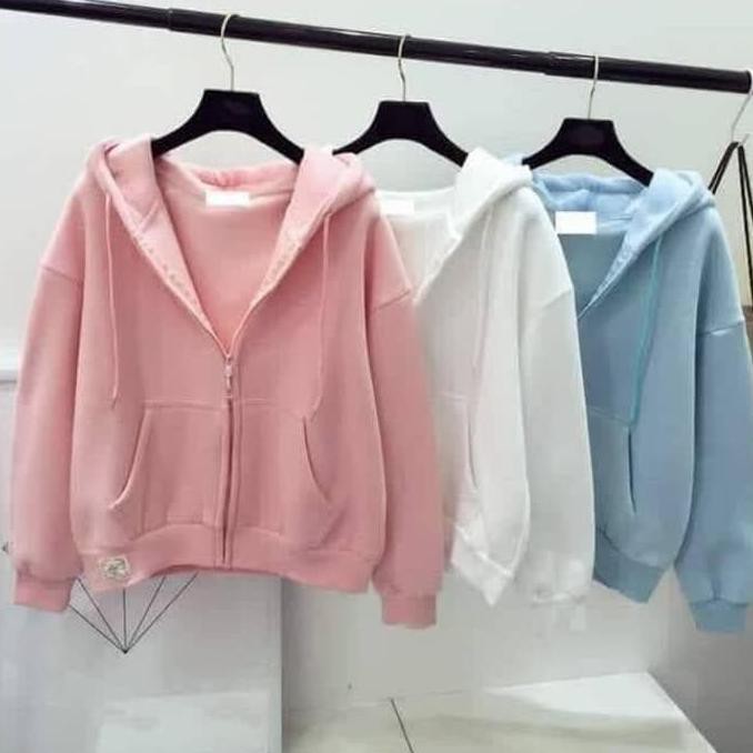 MICHELLESTORE JAKET BOMBER HOODIE WANITA BASIC POLOS - PUTIH PILIHAN KEREN