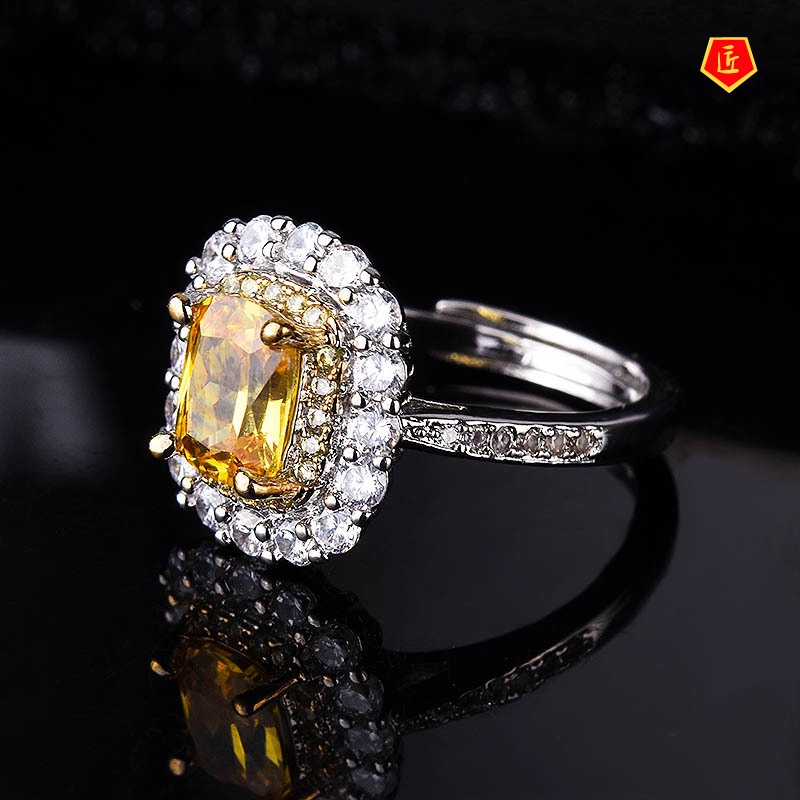 [Ready Stock]Luxury Fashion Citrine Square Diamond Open Ring