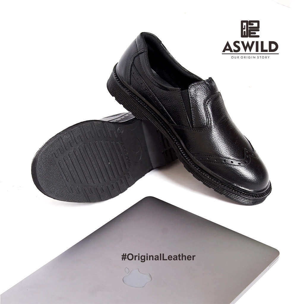 Sepatu ASWILD loafers kulit hitam pria original - Omoshiroi Leather