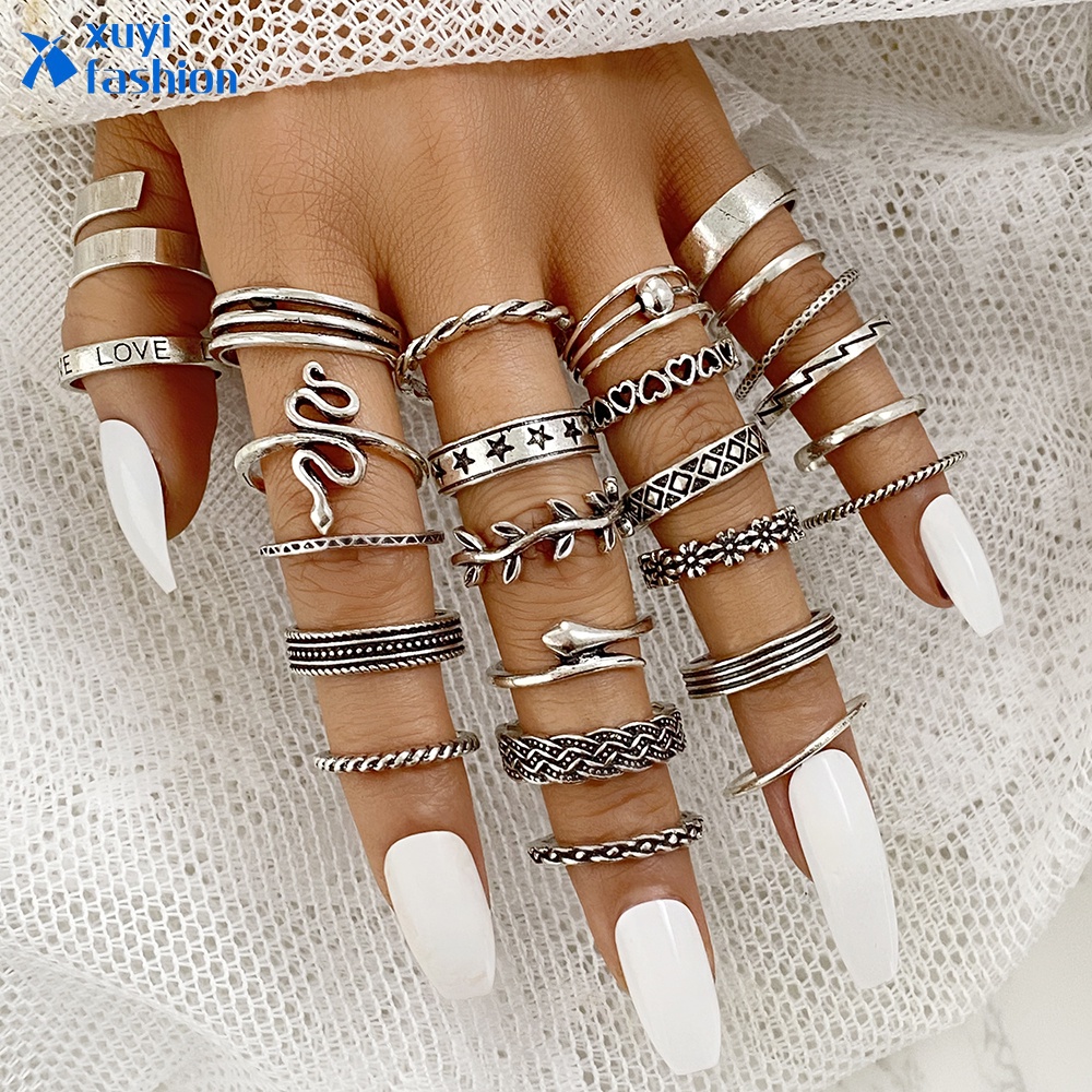 25pcs / Set Cincin Silver Model Ular / Hati / Daun Untuk Wanita