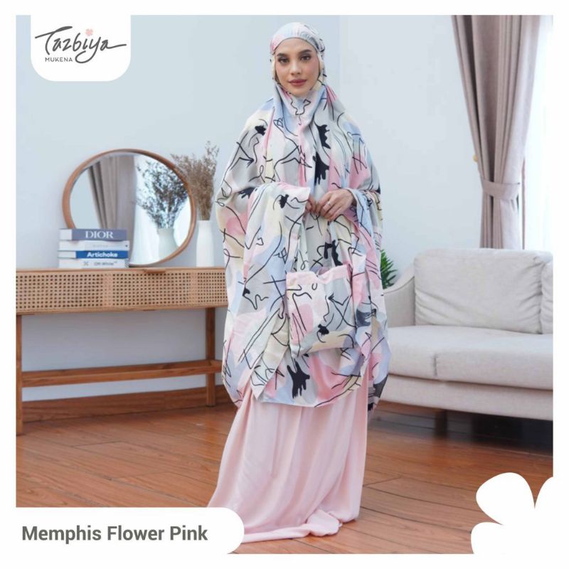 Mukenah Tazbiya Memphis Flower Series Blue/Pink/Salem Jumbo Dewasa Katun Rayon Adem Motif Cantik