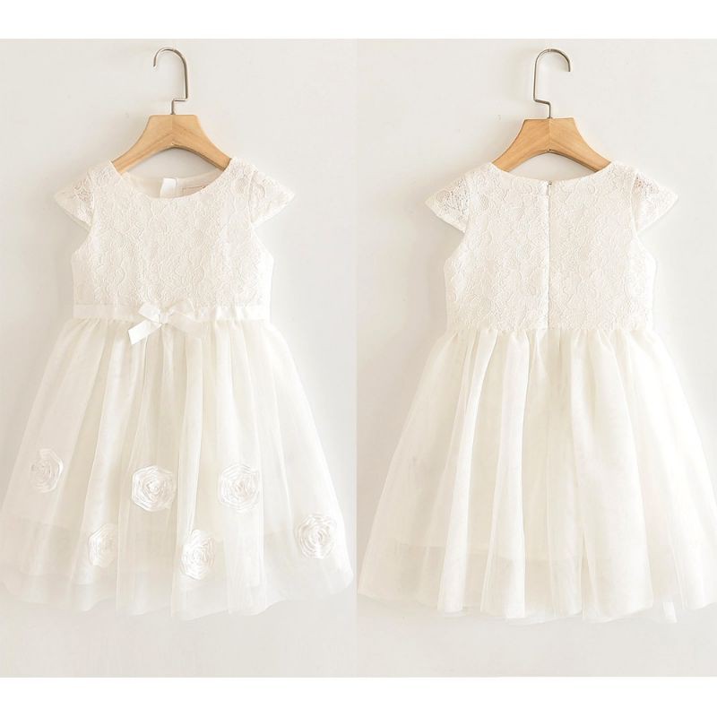 DRESS ANAK  IMPORT MURAH BROKAT TILE BUNGA WHITE