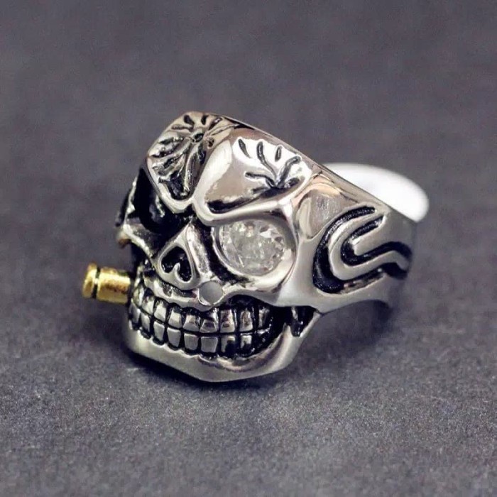 Gt20B11 Cincin Motif Kepala Tengkorak Gaya Vintage Punk Lapis Emas Untuk Pria 4T50G114