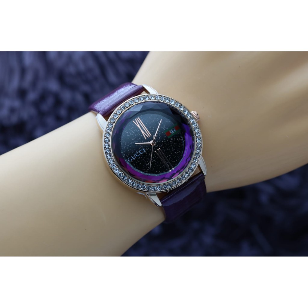Jam Tangan Wanita Cewek Fashion Gucci Premium Tanggal Tali Kulit